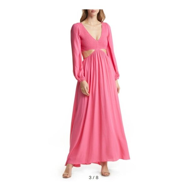Vici Dresses & Skirts - VICI Smocked Cutout Long Sleeve Maxi Dress In Hot Pink Size Small